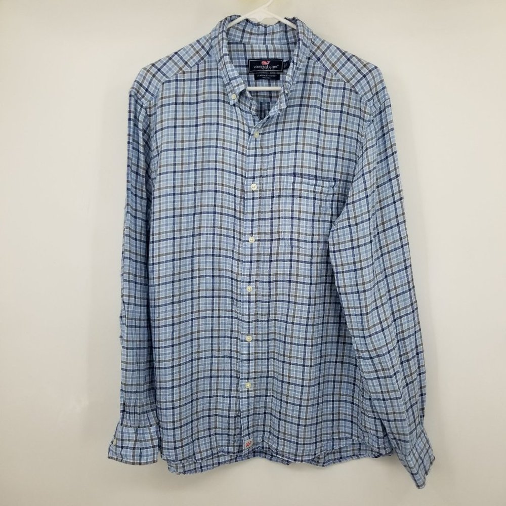 Vineyard Vines 100% Linen Plaid Blue Classic Fit Shirt Size‎ Large